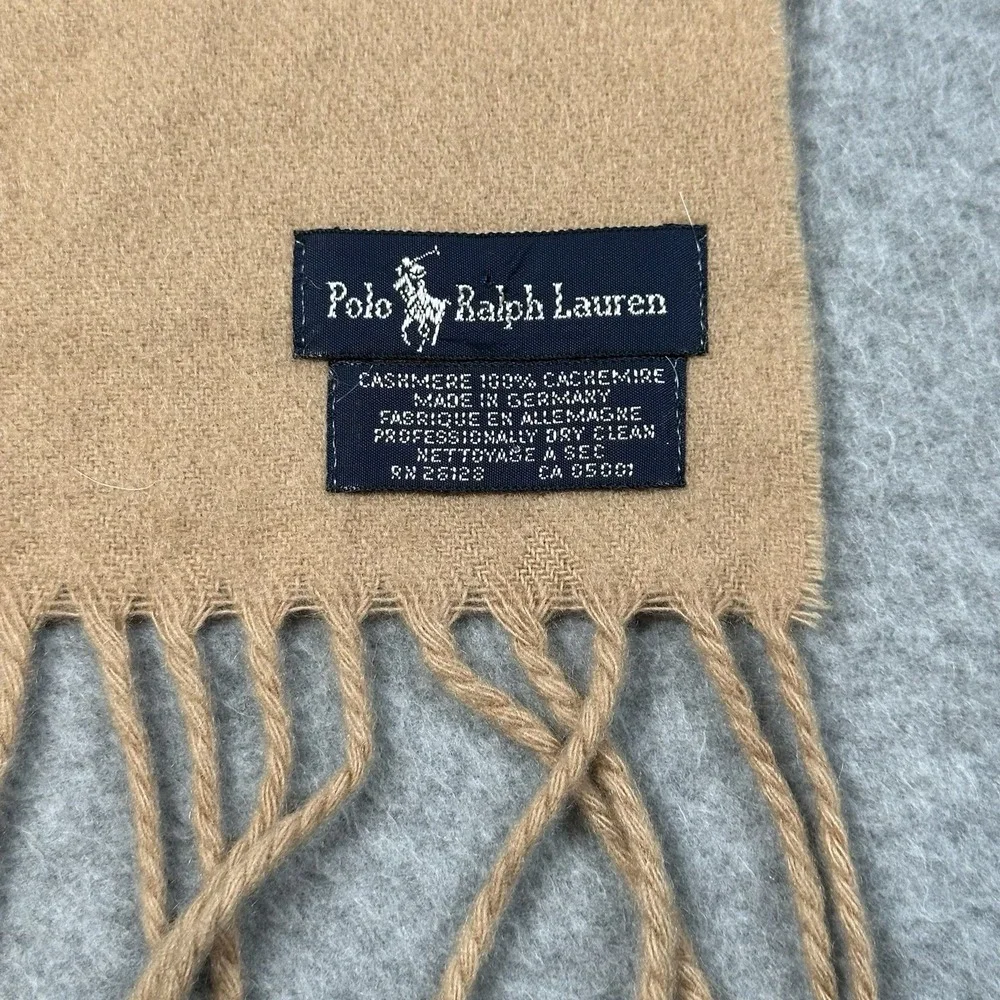 Polo Ralph Lauren 100% Cashmere Camel Scarf Crest Logo Made Germany 54x12 VTG‎